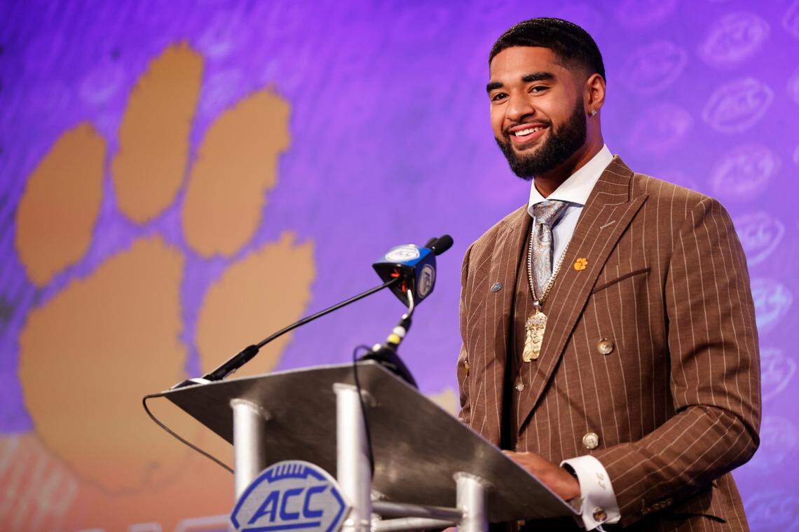 Clemson quarterback DJ Uiagalelei answers a question during an NCAA college football news conference at the Atlantic Coast Conference Media Days in Charlotte, N.C., Wednesday, July 20, 2022.
