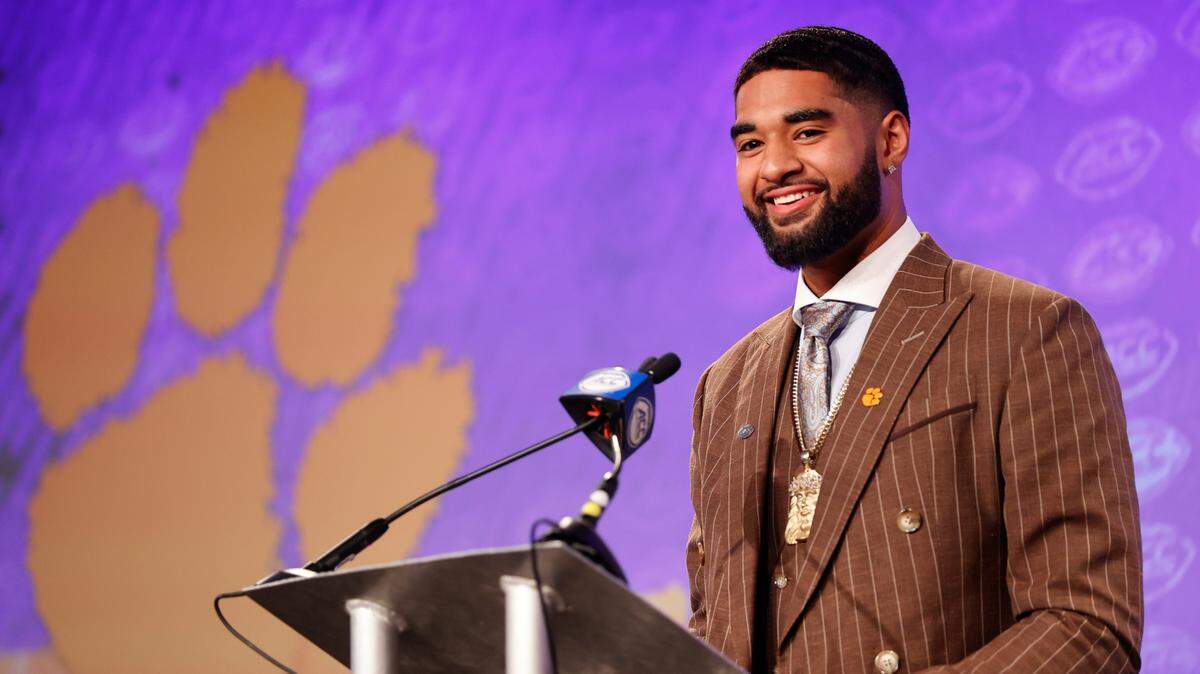 Clemson quarterback DJ Uiagalelei answers a question during an NCAA college football news conference at the Atlantic Coast Conference Media Days in Charlotte, N.C., Wednesday, July 20, 2022.