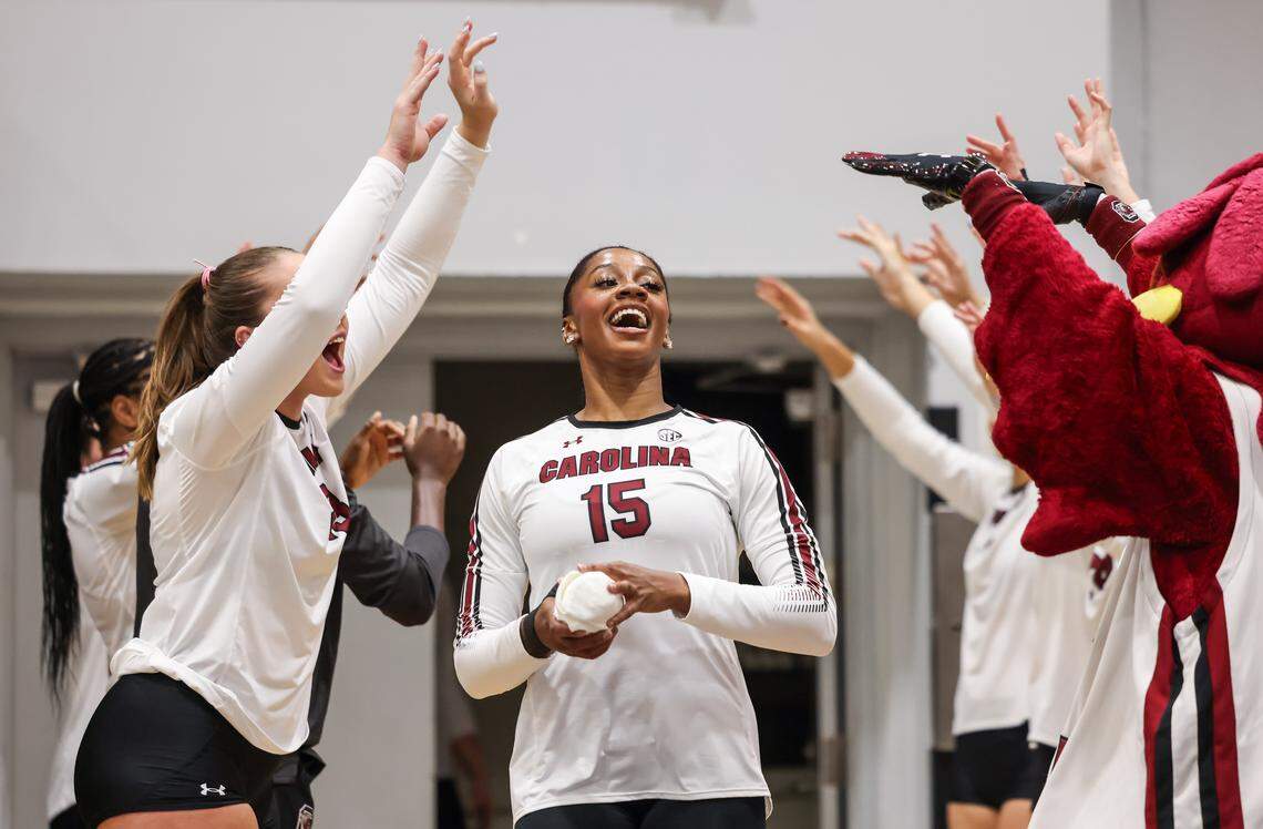 South Carolina outside hitter Nia Hall (15) is introduced before the Gamecocks’ game against Texas A&M at the Carolina Volleyball Center in Columbia on Wednesday, October 1, 2025.