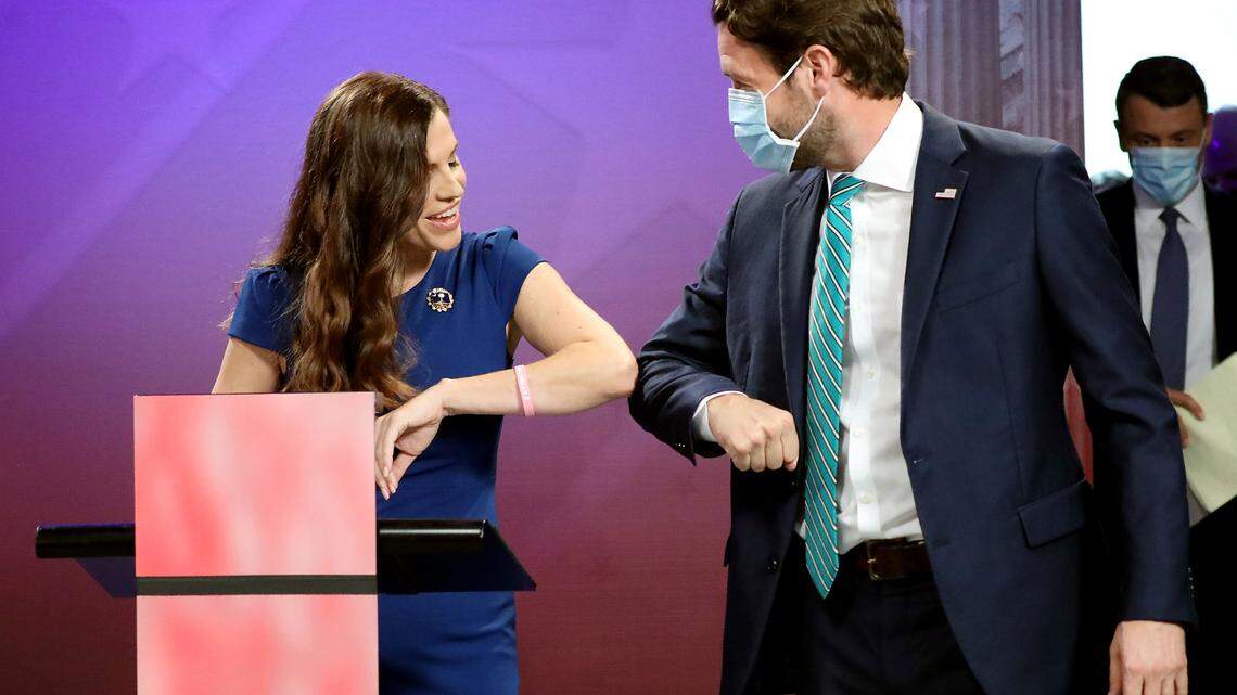 Republican challenger and state Rep. Nancy Mace and Democratic U.S. Rep. Joe Cunningham greet each other prior to their debate, Monday, Sept. 28, 2020, at the SCETV studios in Beaufort, S.C., in South Carolina’s 1st Congressional District seat race.