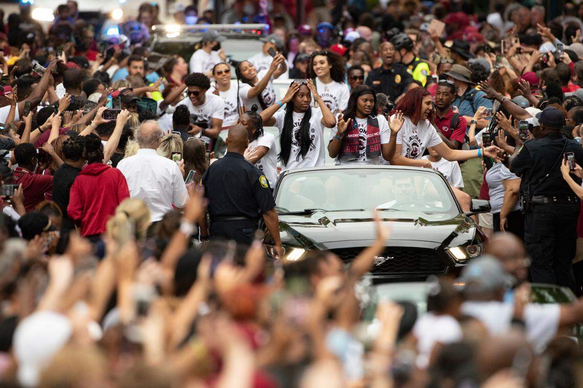 Columbia celebrates South Carolina’s women’s basketball team with a parade through downtown Columbia on Wednesday, April 13, 2022.