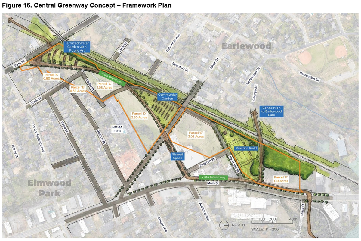 One of three conceptual layouts of how development could fit onto 19 acres the city of Columbia plans to redevelop.
