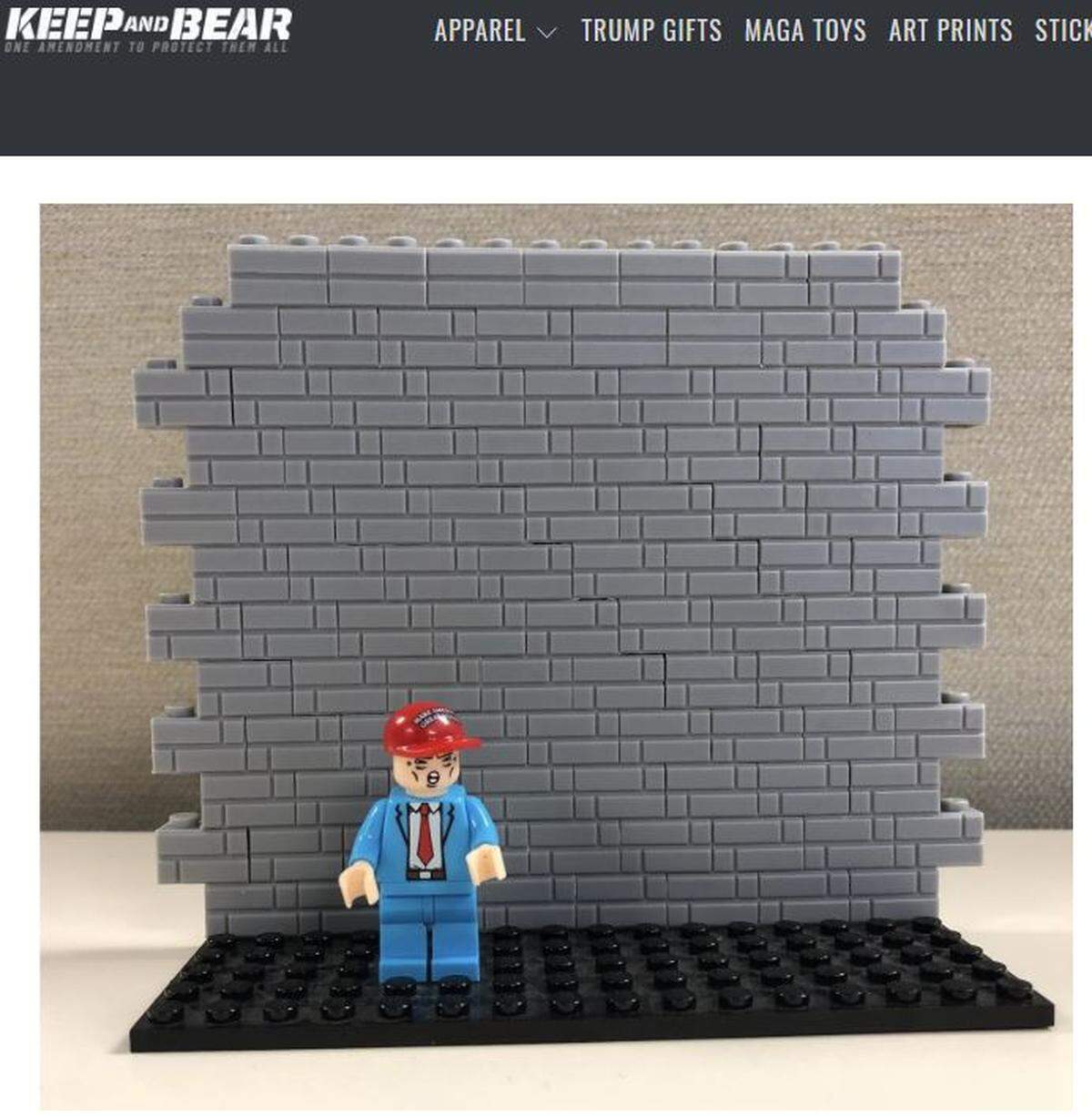 This screenshot shows MAGA building blocks, a Lego-like border wall toy that comes with a President Donald Trump figurine.