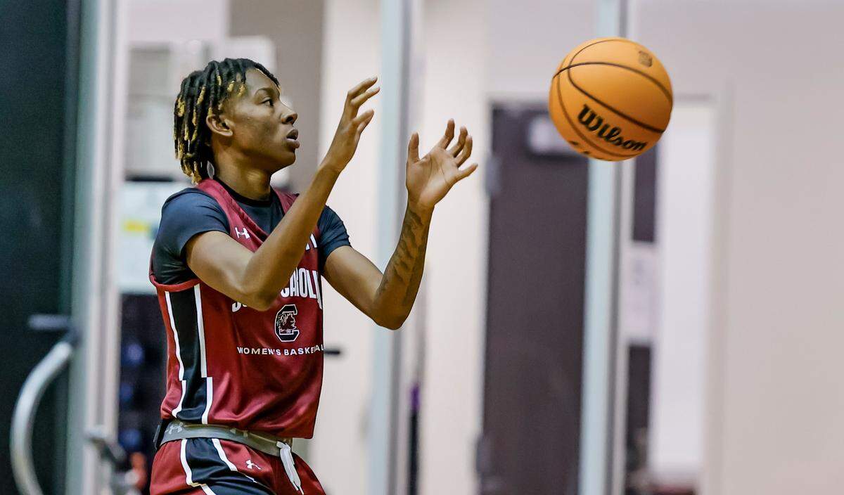 Talaysia Cooper (11) shoots the ball as the Gamecocks hold their first team practice in the Carolina Coliseum on Wednesday, Sept. 28, 2022.