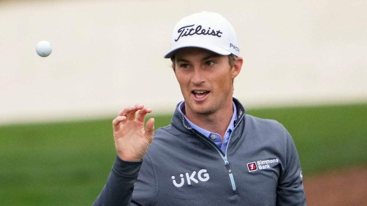 Will Zalatoris catches a ball at the practice facility during a practice round this week for The Masters golf tournament at Augusta National Golf Club.