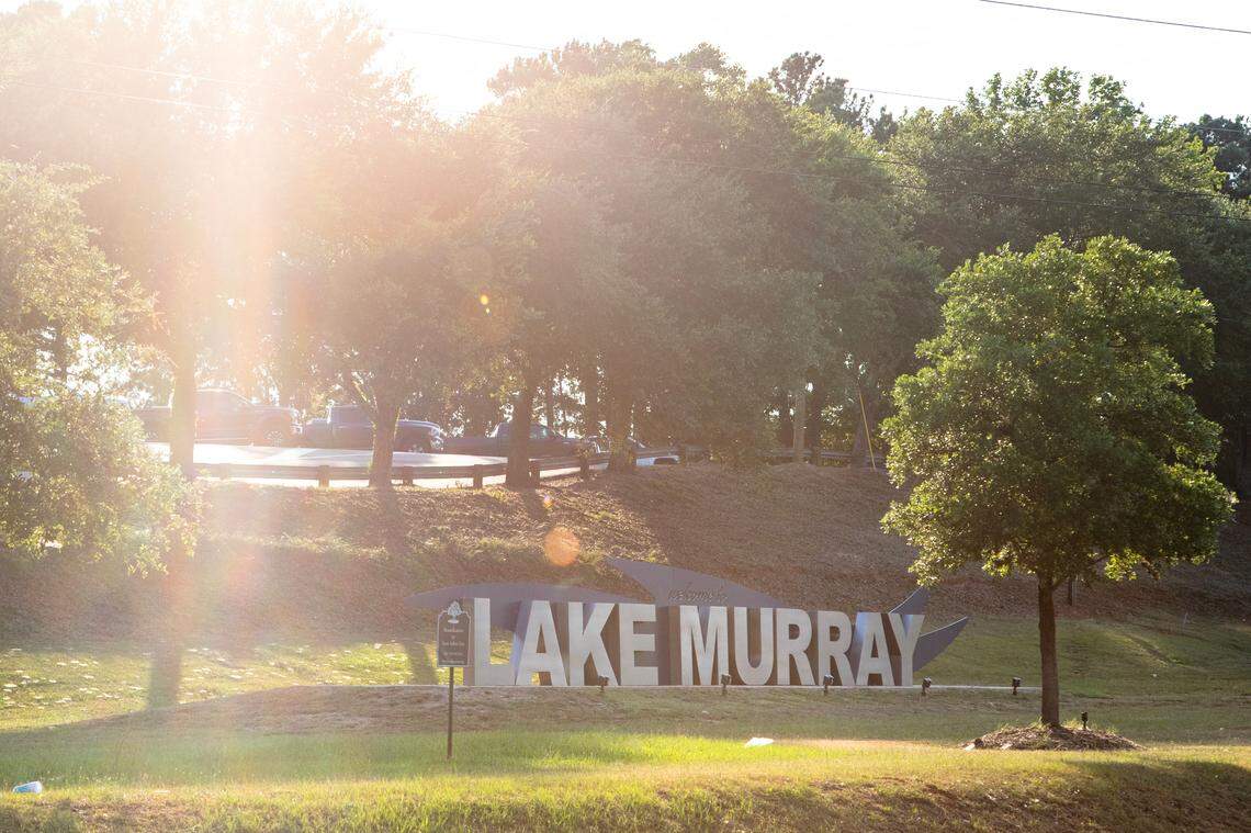 A sign welcoming visitors to Lake Murray near the recreation areas around the Dreher Shoals Dam from the air on Wednesday, June 26, 2024. 