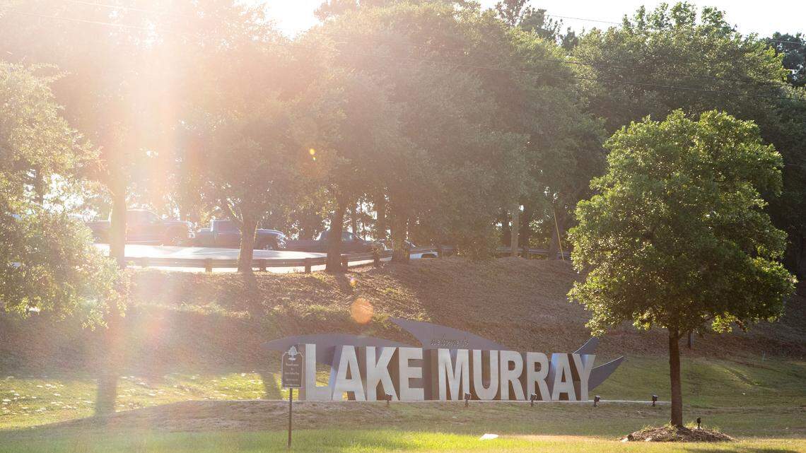 A sign welcoming visitors to Lake Murray near the recreation areas around the Dreher Shoals Dam from the air on Wednesday, June 26, 2024.