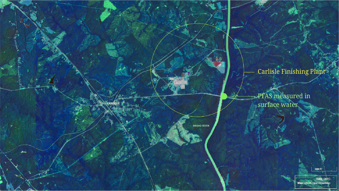 Carlisle Finishing is a closed textile plant along the Broad River more than 60 miles north of a major Columbia drinking water source. Forever chemical pollution has been found on the property.