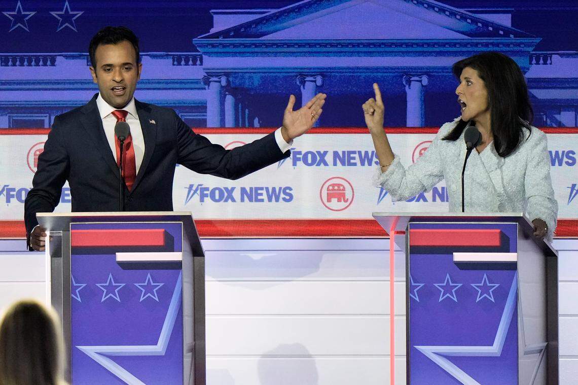 Businessman Vivek Ramaswamy and former U.N. Ambassador Nikki Haley speak during a Republican presidential primary debate hosted by FOX News Channel Wednesday, Aug. 23, 2023, in Milwaukee. (AP Photo/Morry Gash)