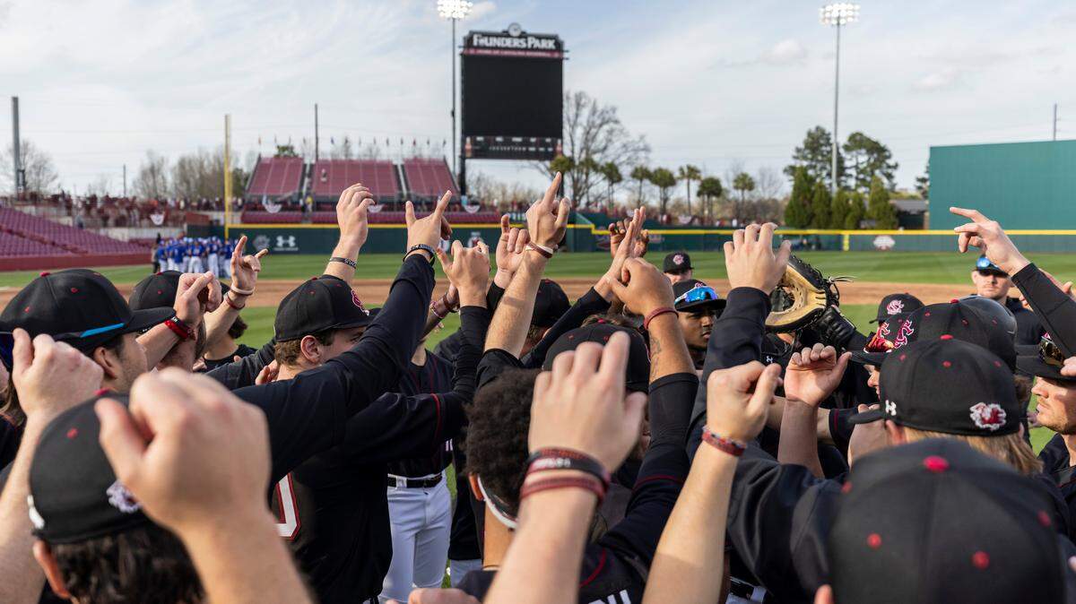 The Gamecocks huddle up following South Carolina’s game against UMass Lowell in Columbia on Sunday, Feb. 19, 2023.