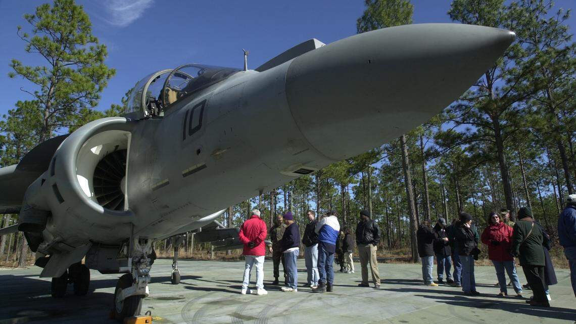 A file photo shows an AV-8B Harrier military jet, the same type of aircraft that crashed in North Carolina on Monday.