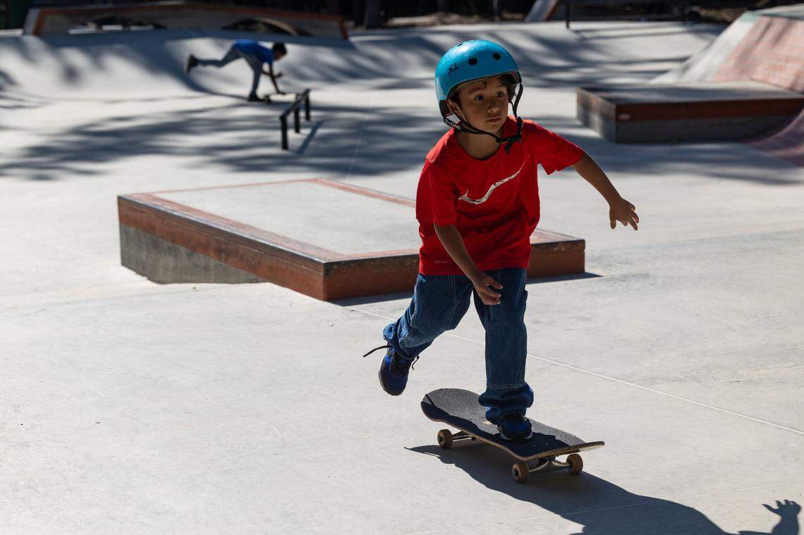 Enzo Estrada, 8, practices skateboarding at the Friarsgate Skate Park in Irmo, South Carolina on Friday, May 23, 2025.