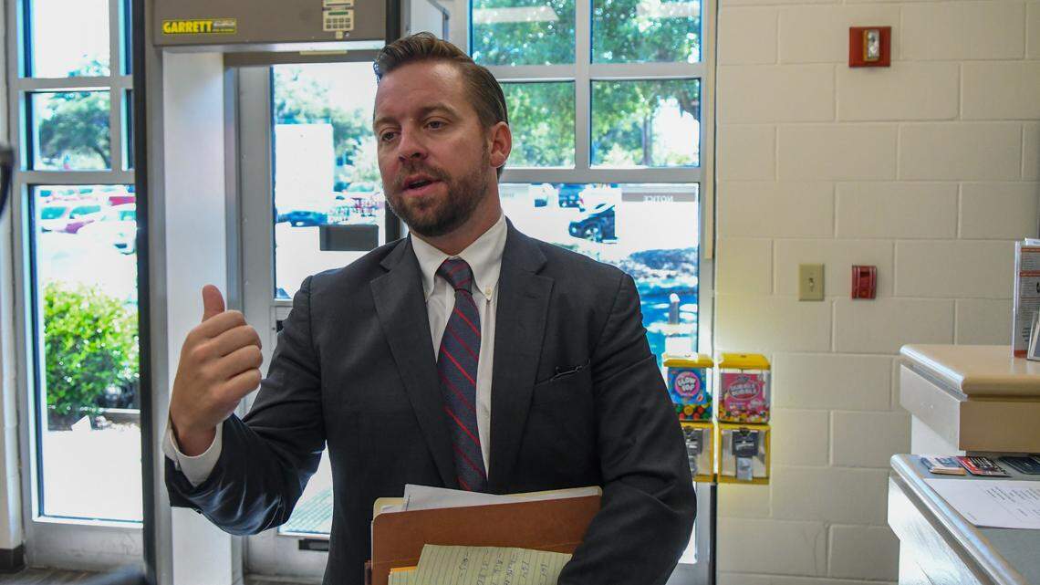 Attorney Will Lewis, with Richardson Thomas Law Firm in Columbia, S.C., speaks after his client Becky Hill’s arraignment hearing on May 14, 2025, at the Colleton County Detention Center in Walterboro, S.C. Hill, released on her own recognizance, has been charged with two counts of misconduct in office and one count of obstructing justice.