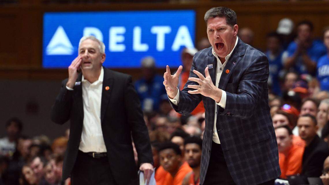 Jan 27, 2024; Durham, North Carolina, USA; Clemson Tigers head coach Brad Brownell (right) directs his team during the first half against the Duke Blue Devils at Cameron Indoor Stadium. Mandatory Credit: Rob Kinnan-USA TODAY Sports