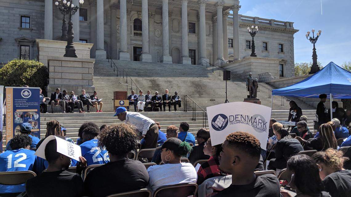 Students, alumni and staff of Denmark Technical College hold a rally outside the South Carolina State House on April 3, 2019.
