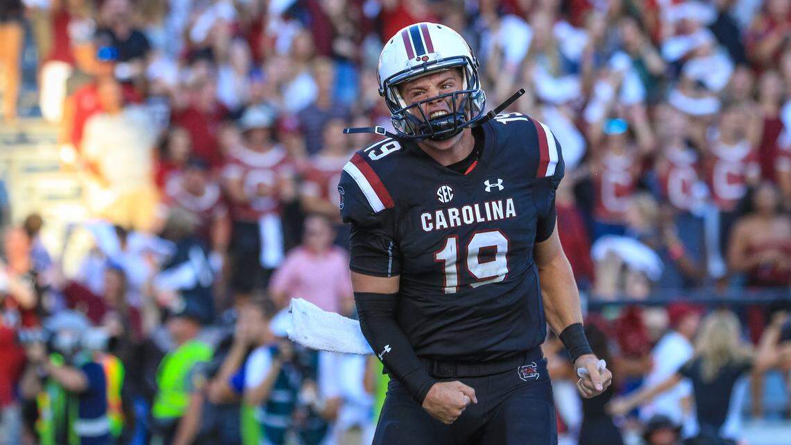 South Carolina quarterback Jake Bentley (19) celebrates a two point conversion to tie the game during the second half of the game Texas A&M at Williams-Brice Stadium in Columbia, SC, Saturday, October 13, 2018.