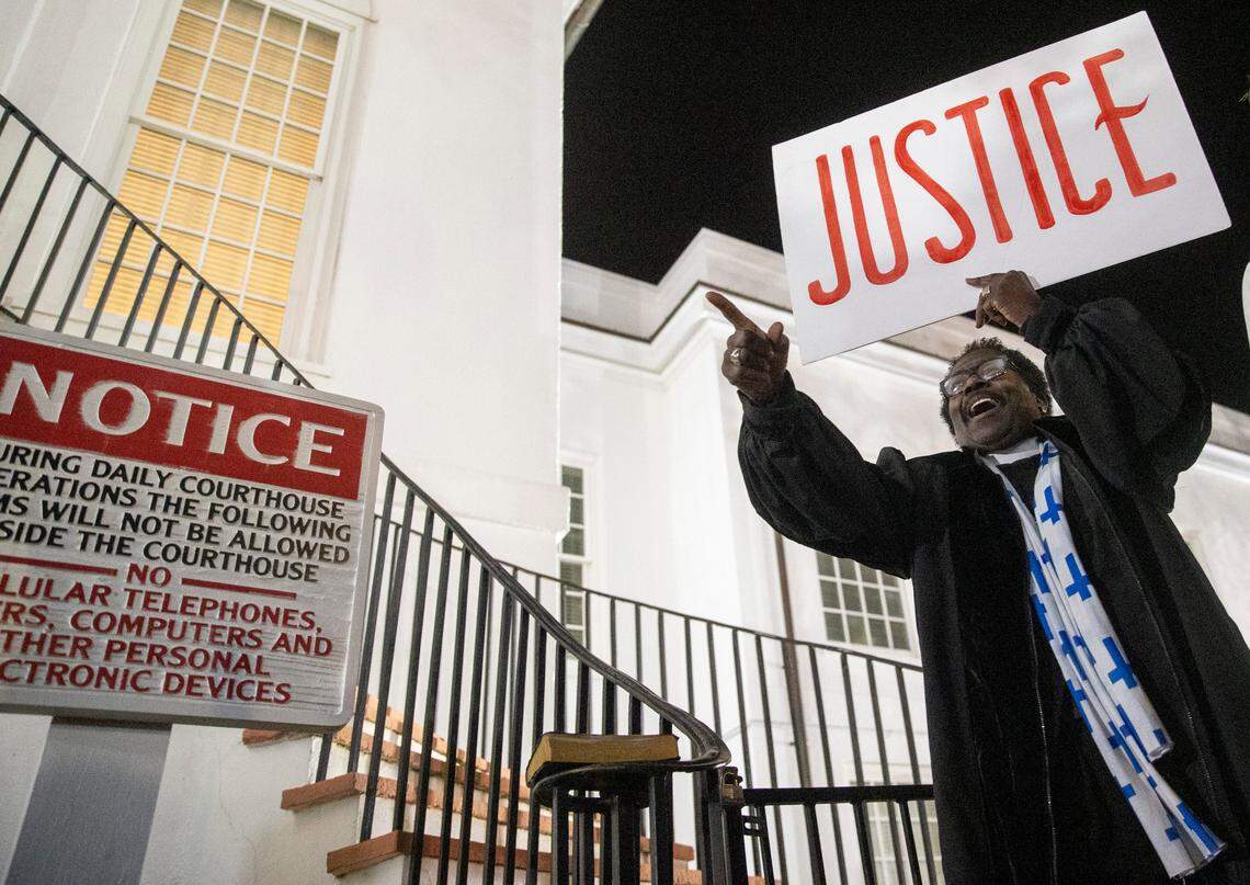 Rev. Raymond Johnson yells ‘Amen” after Alex Murdaugh was found guilty on all four counts at the Colleton County Courthouse in Walterboro on Thursday, March 2, 2023. Andrew J. Whitaker/The Post and Courier/Pool