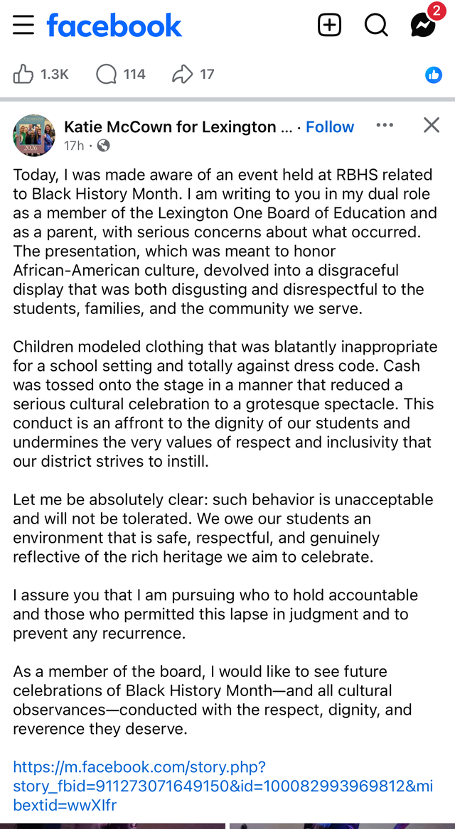 A post by Lexington 1 school board member Katie McCown on the Black History Month fashion show at River Bluff High School.