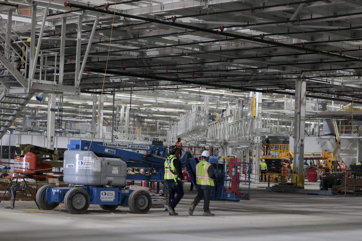 One of the buildings under construction at Scout Motors on Tuesday, Feb. 10, 2026 shows interior work being done.