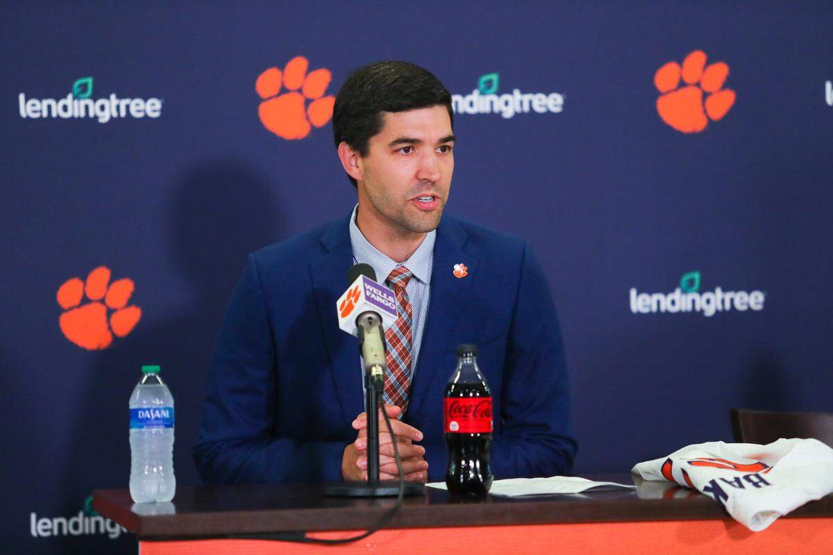 Clemson University director of athletics Graham Neff during the introductory press conference for head baseball coach Erik Bakich at Doug Kingsmore Stadium, June 16th, 2022.
