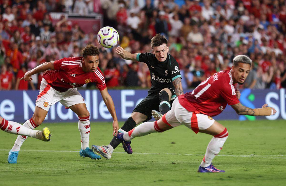 Liverpool midfielder Ben Doak (50) takes a shot on goal during the Rivals in Red International Friendly soccer match between Manchester United and Liverpool in Columbia on Saturday, August 3, 2024.