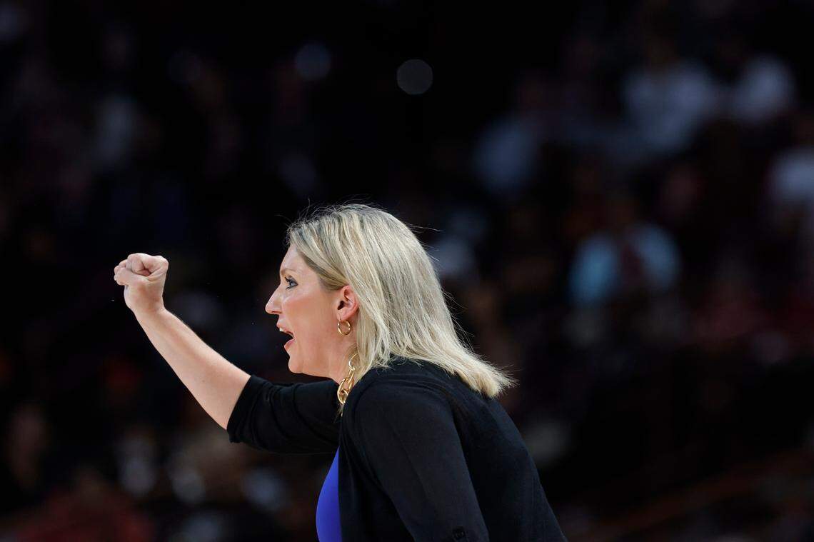Presbyterian head coach Alaura Sharp watches her team during the first half of action against South Carolina in the first round of the NCAA Tournament at the Colonial Life Arena in Columbia, SC, on Friday, Mar. 22, 2024
