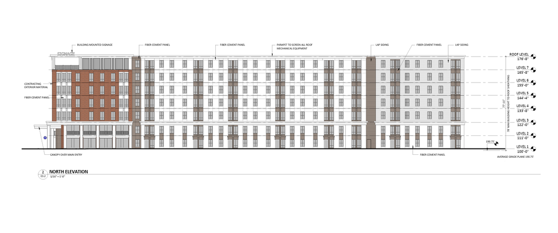 The north side view of the proposed seven-story apartment building proposed for 875 Catawba Street.
