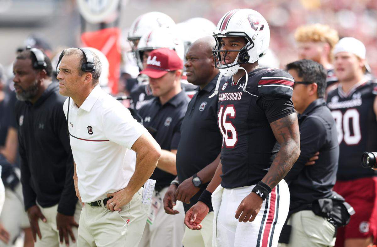 South Carolina quarterback LaNorris Sellers (16) watches from the sideline during the second half of South Carolina’s game against LSU in Columbia on Saturday, September 14, 2024.