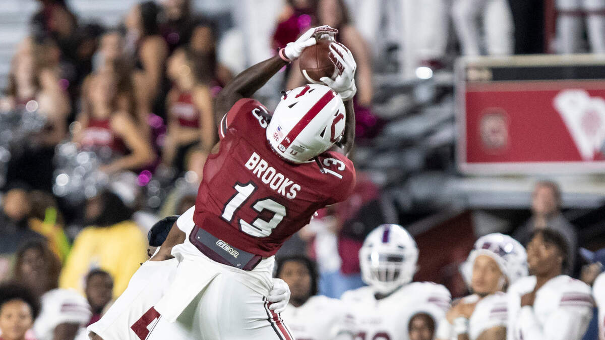 South Carolina Gamecocks wide receiver Jalen Brooks (13) pulls down a pass during the South Carolina Gamecocks game against the South Carolina State Bulldogs at Williams-Brice Stadium in Columbia, SC on Saturday, Sept. 29, 2022.