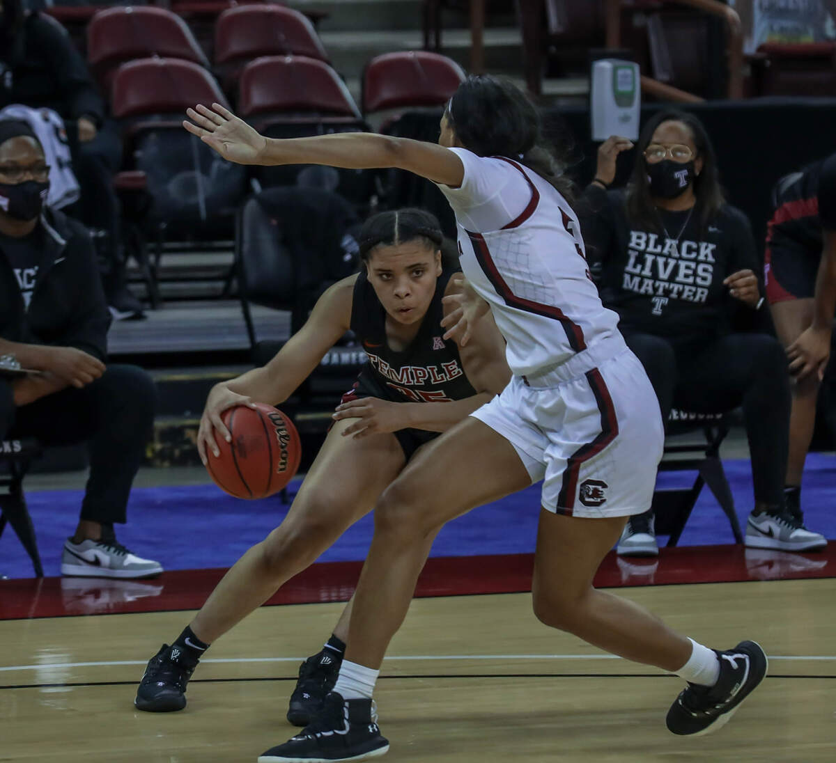 South Carolina Gamecocks forward Victaria Saxton (5) presumes Temple forward Mia Davis (25) during the second half of action at the Colonial Life Arena.