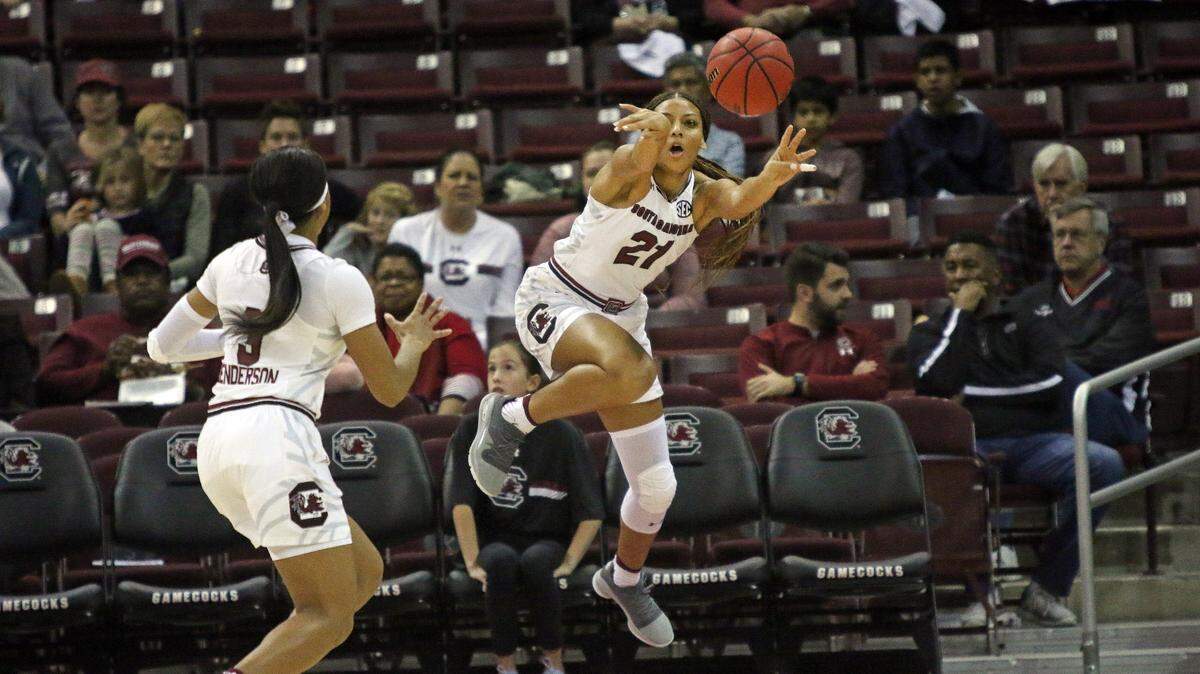 South Carolina’s Mikiah Herbert Harrigan tries to save a ball against Furman on Sunday at Colonial Life Arena.