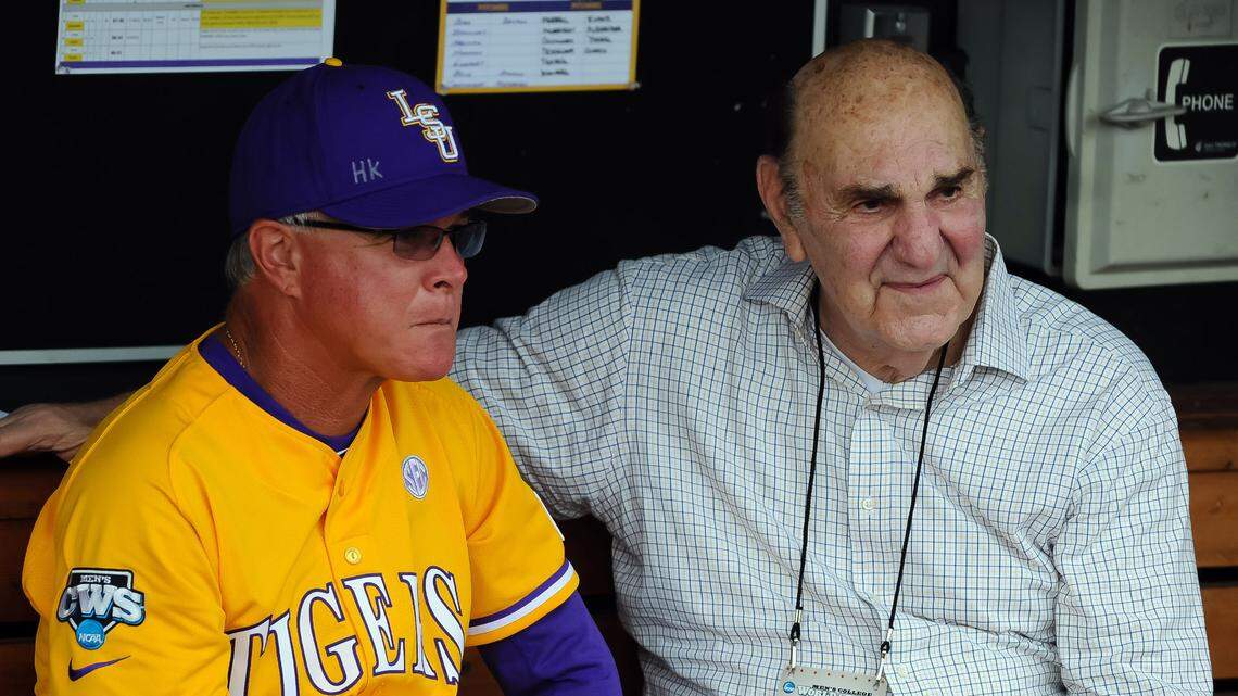 From June 18, 2015: Then-LSU Tigers head coach Paul Mainieri talks with former head coach Skip Bertman prior to the College World Series game against TCU.