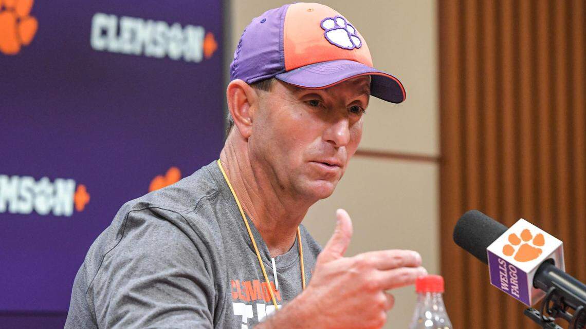 Clemson Head Coach Dabo Swinney speaks with media before the first day of Spring practice at the Poe Indoor Practice Facility at the Allen N. Reeves football complex in Clemson S.C. Wednesday, February 28, 2024.