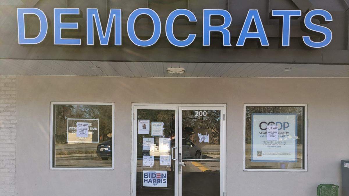 Police were called to investigate a case of vandalism at the offices of the Charleston County Democratic Party on Saturday January 16, 2021. The locks had been coated in a liquid cement or putty-like substance and flyers were posted on the doors. Photo provided by Hannah Reynolds/CCDP