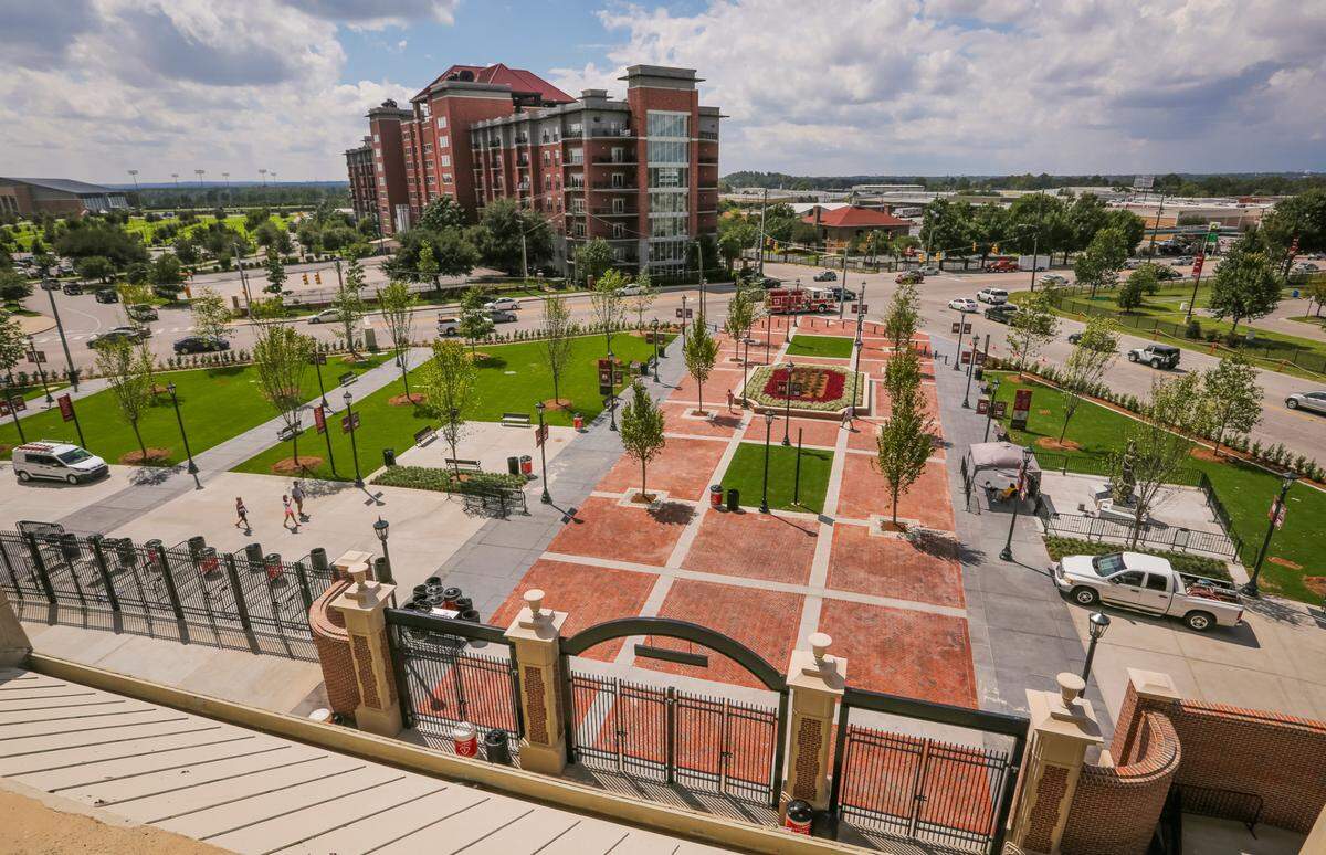 Brick-lined walkways, concrete panels, green space and trees were added to Williams-Brice Stadium with the 2015 creation of Springs-Brooks Plaza.