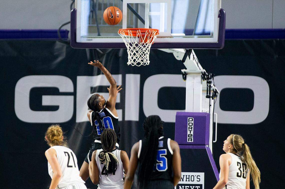 Westlake’s Taniya Latson shoots the ball during the GEICO Nationals Tournament girls championship game at Suncoast Credit Union Arena in Fort Myers on Saturday, April 3, 2021. Westlake High School (Georgia) beat St. Paul VI Catholic High School (Virginia) 70-50.
