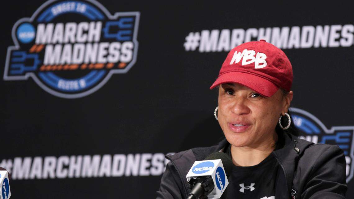 University of South Carolina head coach Dawn Staley speaks during a press conference in advance of the Site Eight game against Creighton at the Greensboro Coliseum on Saturday, March 26, 2022.