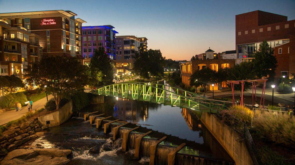 Falls Creek, Liberty Bridge, Deca Apartments, Camperdown development, Reedy River, Peace Center