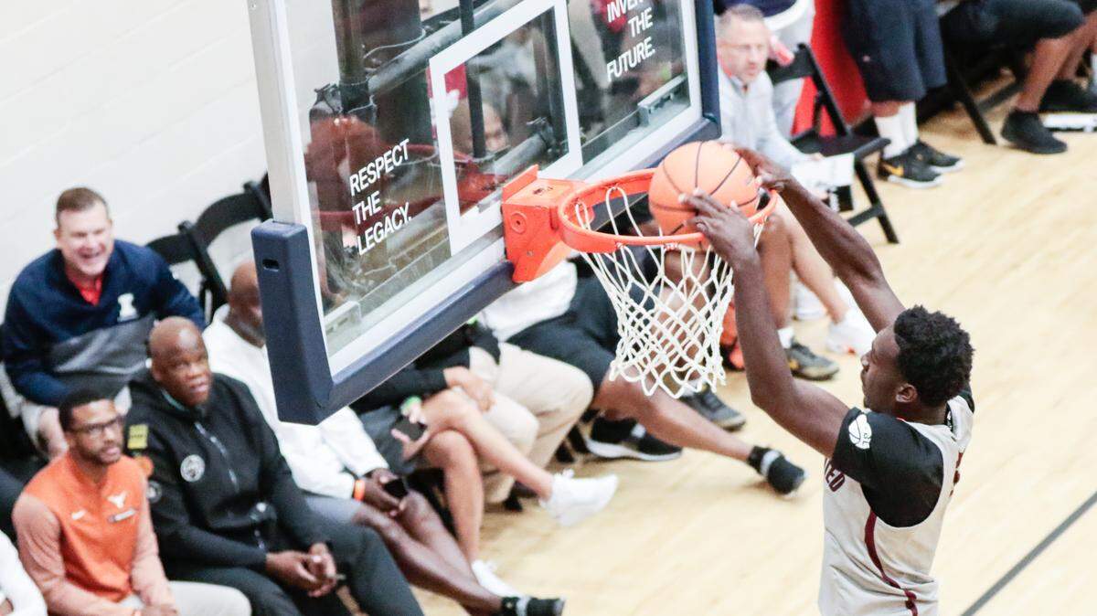 Team United’s Juwan Gary dunks during a game against Drive Nation during the Peach Jam at the Riverview Park Activities Center in North Augusta.  7/12/18