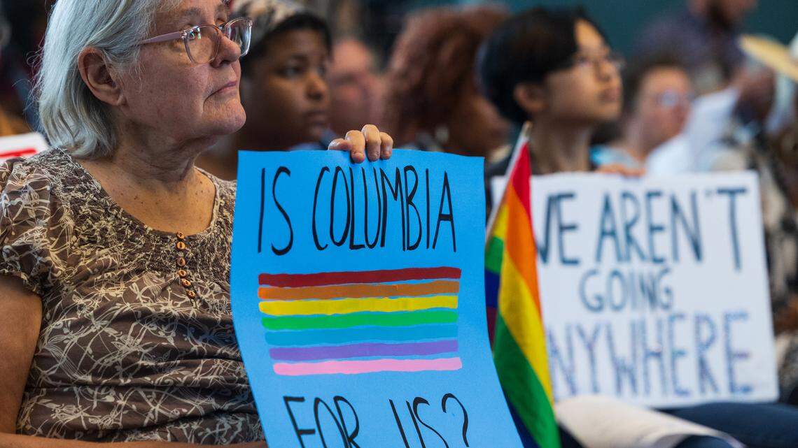 People listen to the public comment period during a meeting of the Columbia City Council on Tuesday, May 20, 2025. The chambers were at capacity as the council considered voting to repeal the city’s ban on conversion therapy.