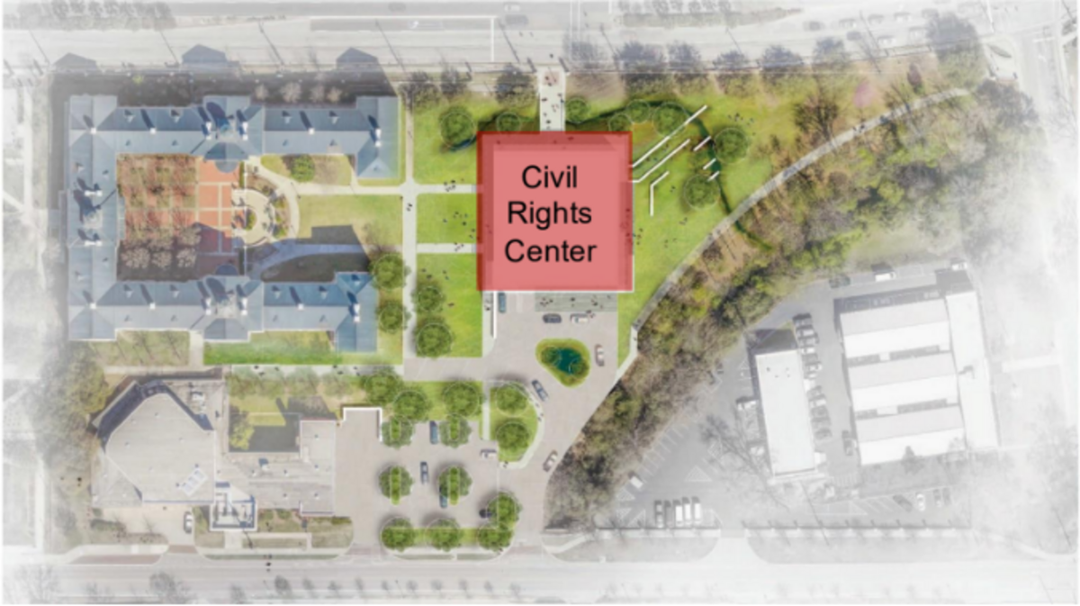 A diagram shows the proposed location of USC’s Civil Rights Center, located between Blossom and Wheat streets and just east of the historic Booker T. Washington Auditorium.