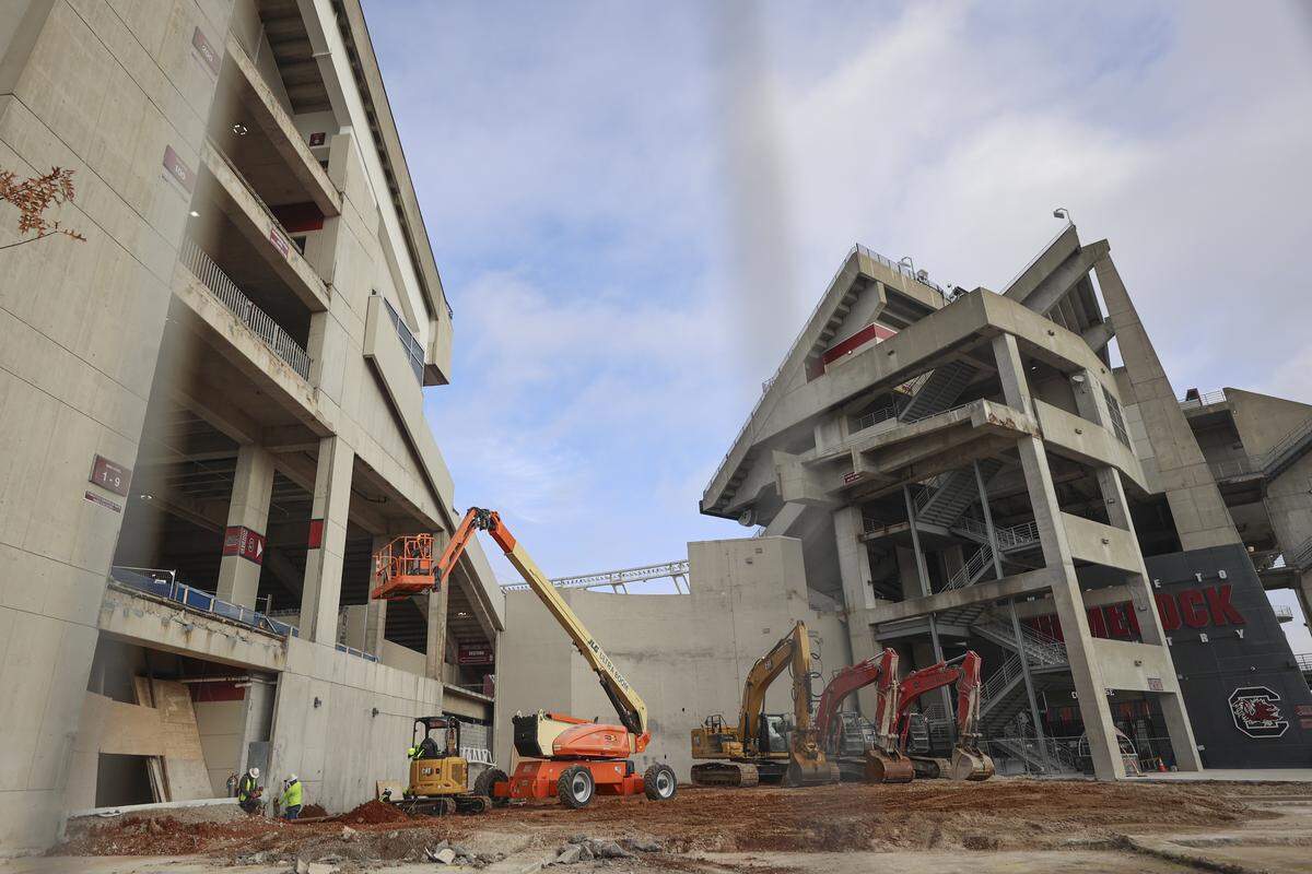 Crews work to demolish portions of Williams-Brice Stadium on Wednesday, Jan. 7, 2026. Renovations to the stadium are expected to be complete in time for the 2026 season.