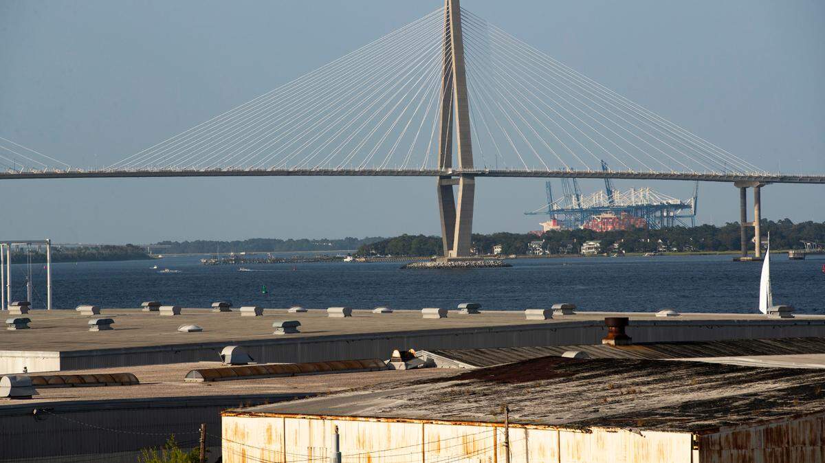 The Arthur Ravenel Jr. Bridge is visible from downtown Charleston, South Carolina on Sunday, August 29, 2021.