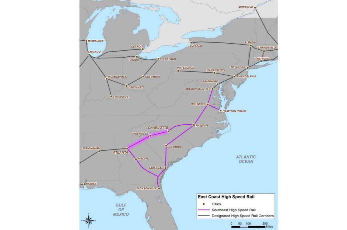 The high speed rail line from Atlanta to Charlotte could connect to rail lines to Washington DC and north to New England. 