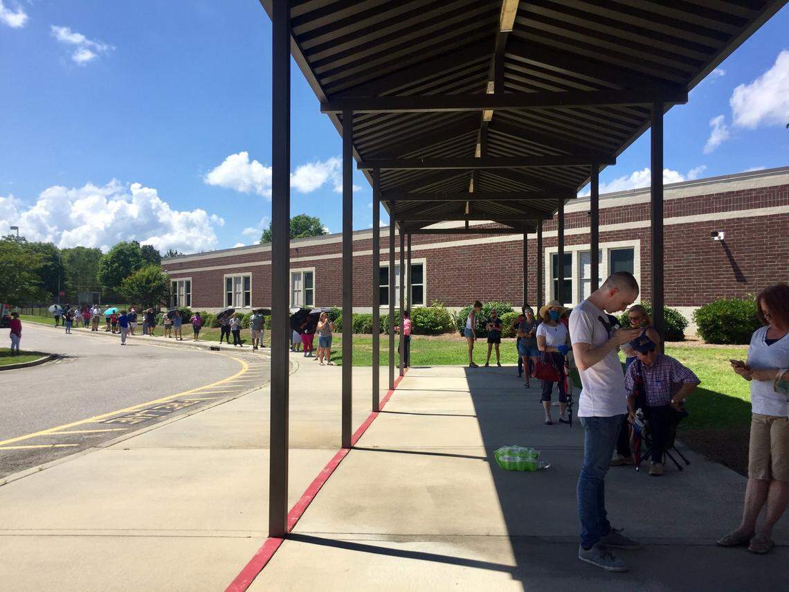 The line to vote at Oak Pointe Elementary School in Irmo stretched more than 70 people deep outside the school around 3:30 p.m.
