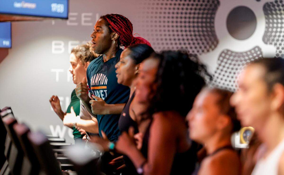Gamecocks women’s basketball star Aliyah Boston participates in a fitness class at Orangetheory Fitness in Columbia. Boston was offered a NIL deal with the company as part of being awarded Most Outstanding Player (MOP) of the Division 1 NCAA women’s basketball National Championship game in 2022.