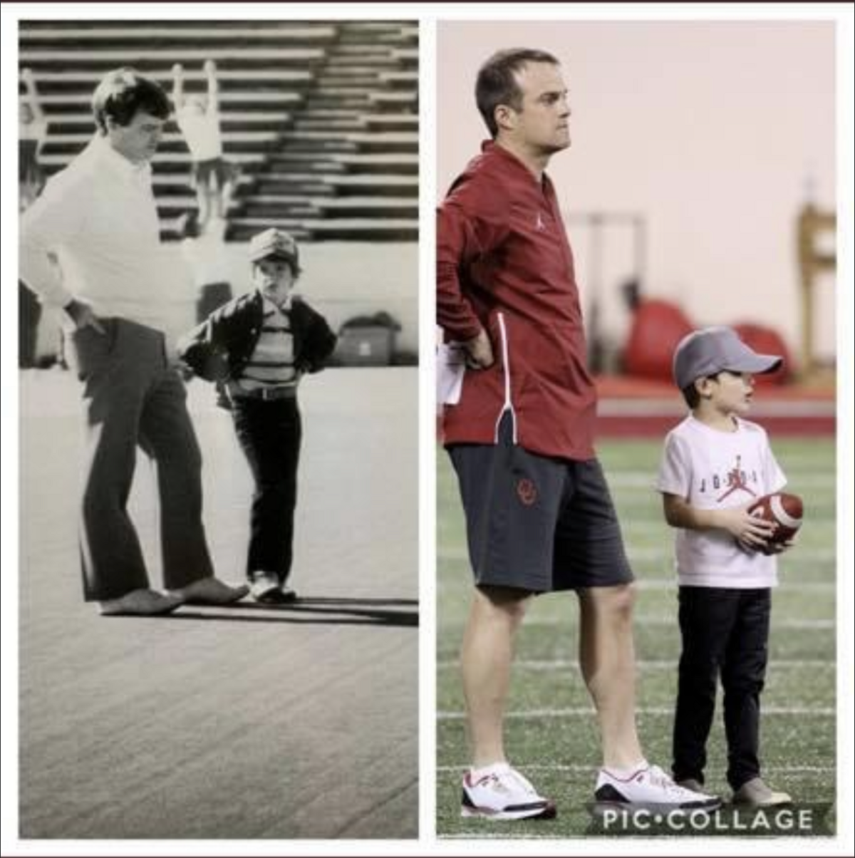 Frank and Shane Beamer (left) at Murray State. Shane and Hunter Beamer (right) at Oklahoma. Emily Beamer had these photos commissioned as oil paintings as a gift to Shane their first Christmas in Columbia. The paintings hang in Shane’s home office.