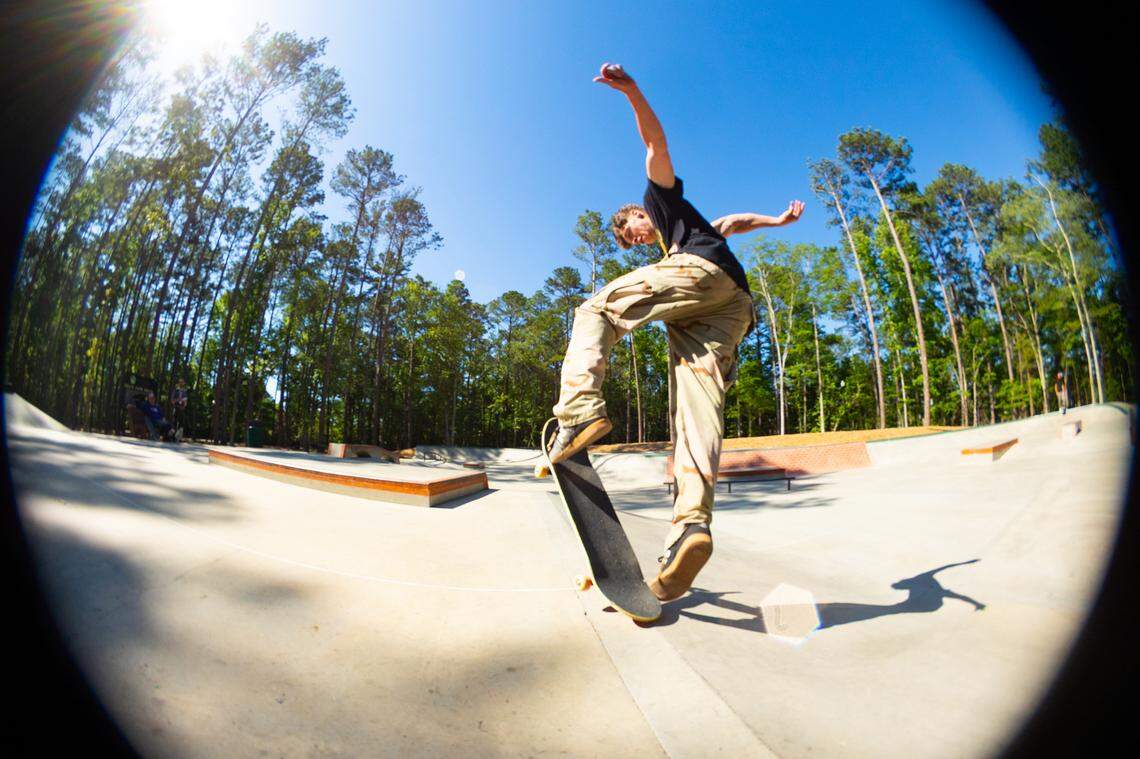 Nathan Lemker of Fayetteville, North Carolina, skates at the Friarsgate Skate Park in Irmo, South Carolina on Friday, May 23, 2025.