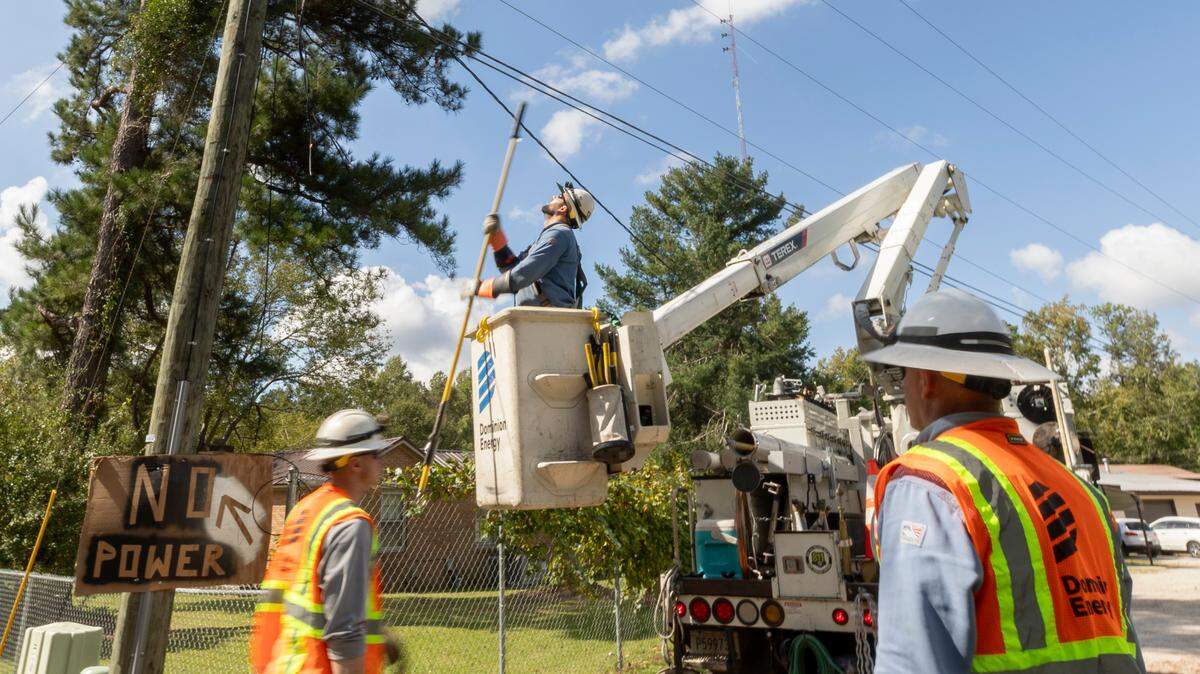 Dominion crews work to restore power in the Denny Terrace neighborhood on Thursday Oct. 3, 2024. Many residents of the Denny Terrace neighborhood were still without power almost a week after Hurricane Helene blew through the area.