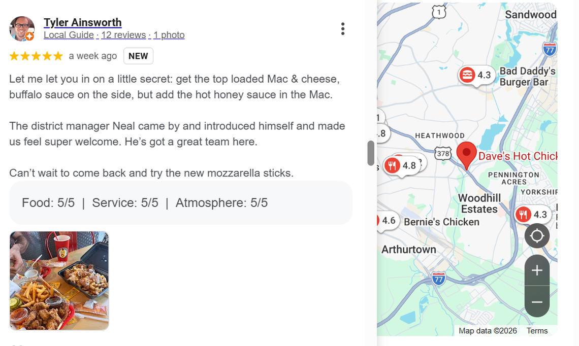 Google Maps review for Dave’s Hot Chicken on 4601 Devine St